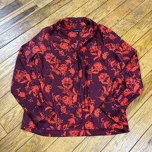 Rafaella Womens S Floral Button Down Blouse Burgundy Orange Long Sleeve